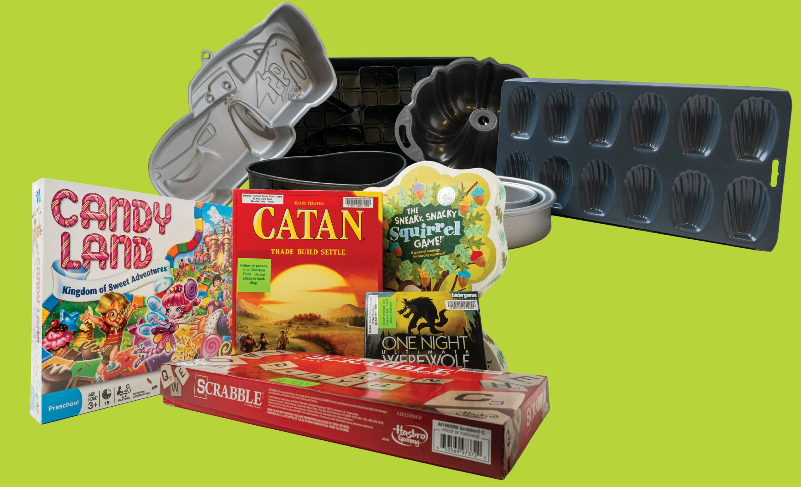 Board games and cake pans from our Library of Things