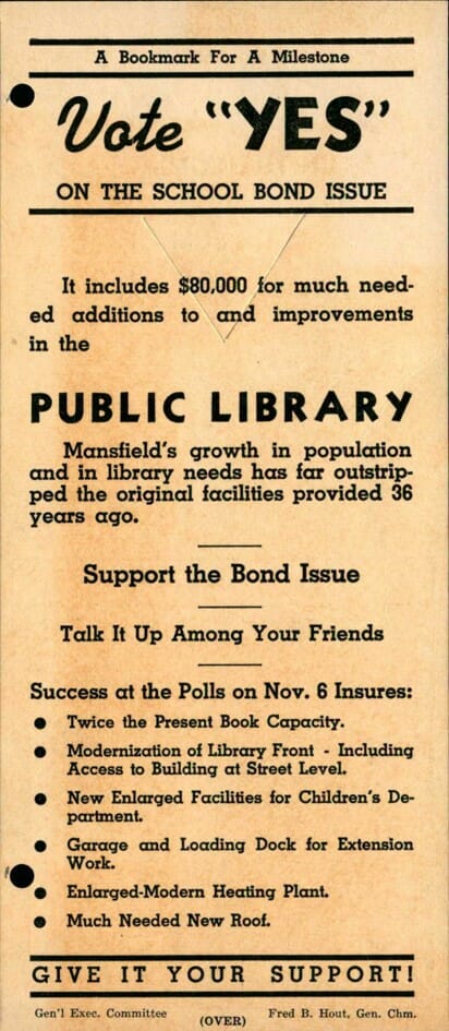 A Vote Yes bookmark from 1945 of a public library bond issue