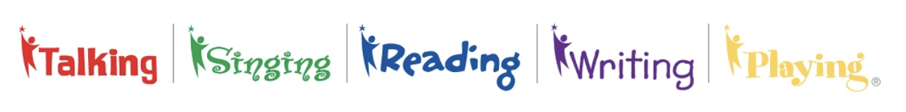 Primary color words in a row, Talking, Singing, Reading, Writing, Playing with a registered trademark