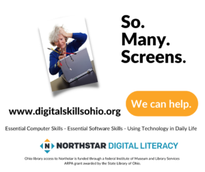 Northstar Digital Literacy logo with image of frazzled person holding many computer cords and the text "So. Many. Screens. We can help."
