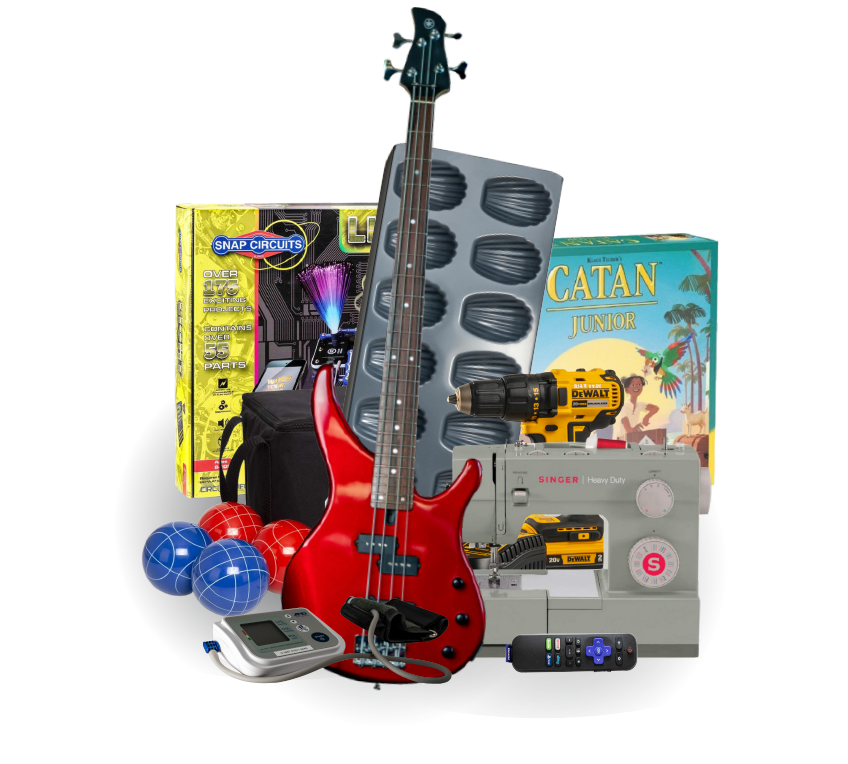 A collection of items from the Library of Things including a Board game, bocce ball, sewing machine, blood pressure cuff