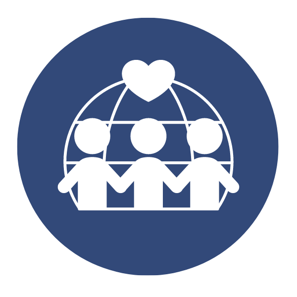 Blue circle with a community logo of 3 people holding hands.