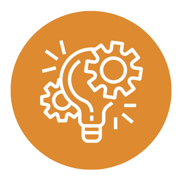 Orange circle with white light bulb and gear icon