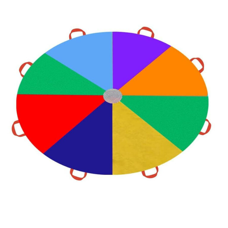 A parachute divided into 8 colorful triangles, with handles on each section.