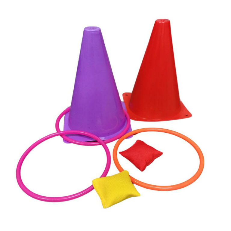 A purple and red cone, with pink and orange rings to toss. Along with yellow and red bean bags.