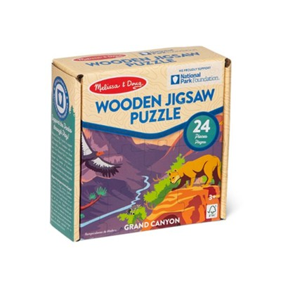 Wooden Jigsaw Puzzle. Grand Canyon scenery with mountains and animals.