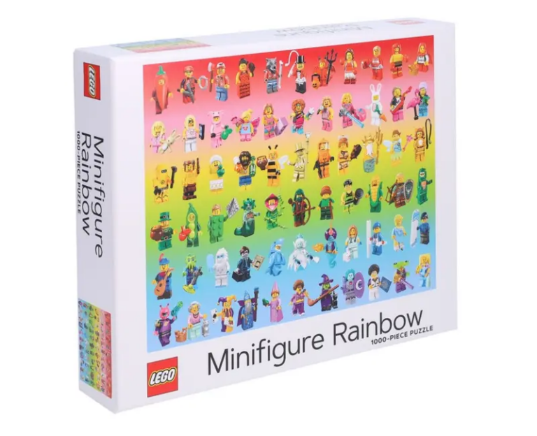 Minifigures on a puzzle with a rainbow background.
