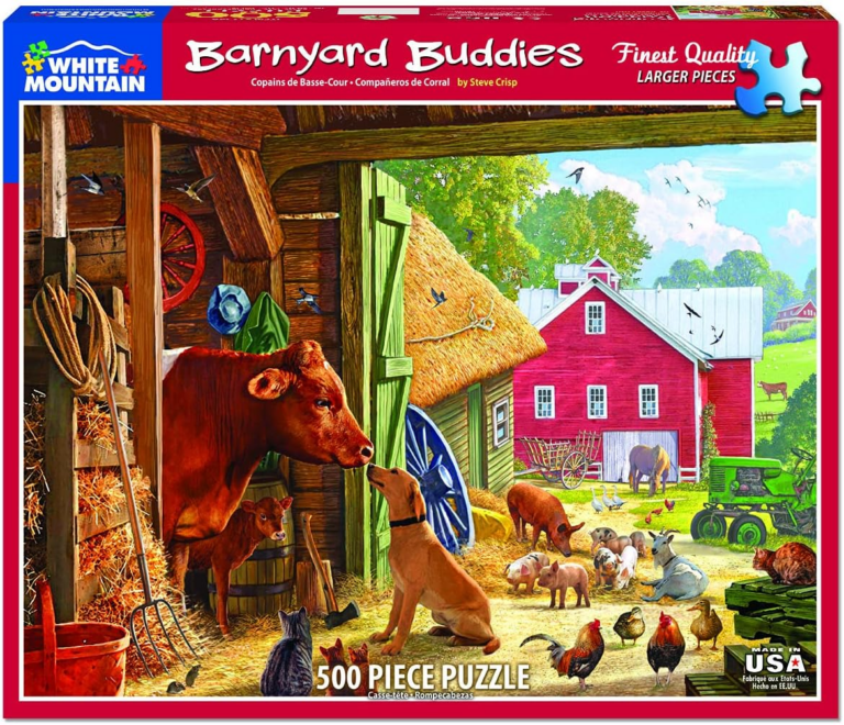 Baryard friends. A cow dog, and chicken all hanging out together in a barn.