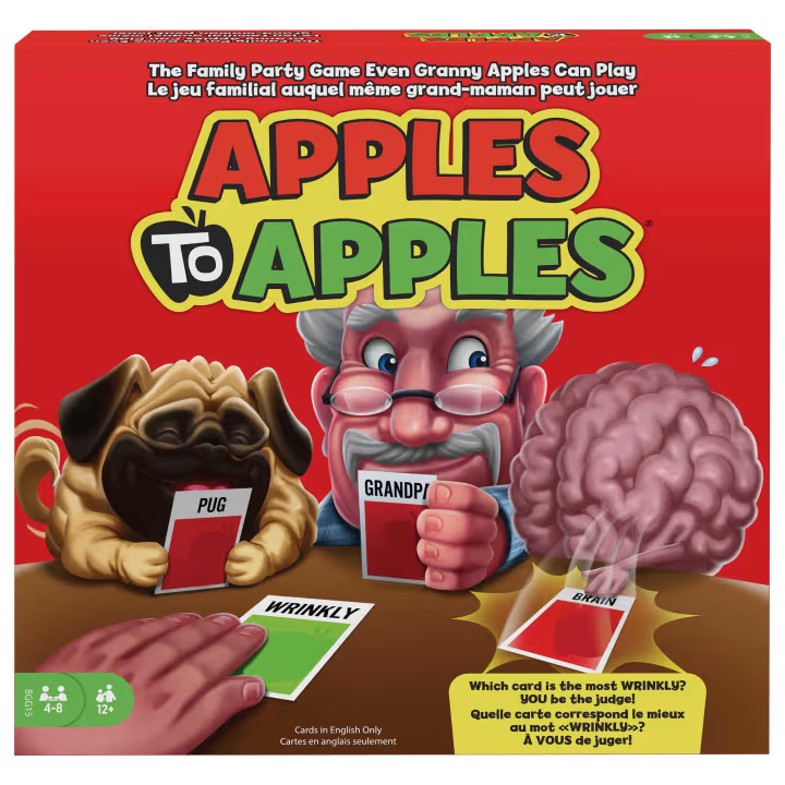 Apples to Apples. On the box there is a man, a pug, and a brain playing a card game.