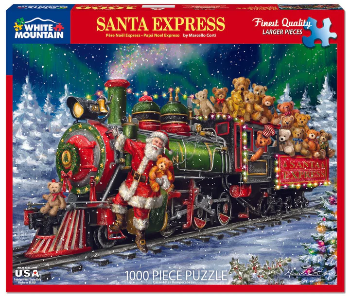 Santa on a train with lots of teddy bears.