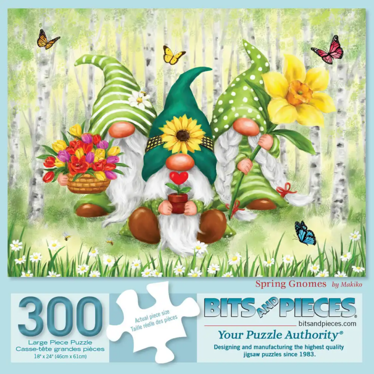 Gnomes in a garden. holding flowers and surrounded by butterflies