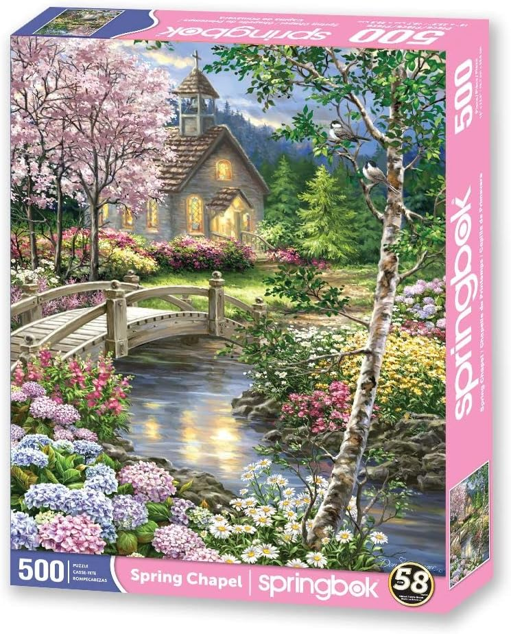A chapel in the woods surrounded by pink and blue flowers