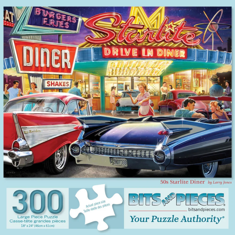 Puzzle box with picture of 2 50s cars in front of a brightly colored diner
