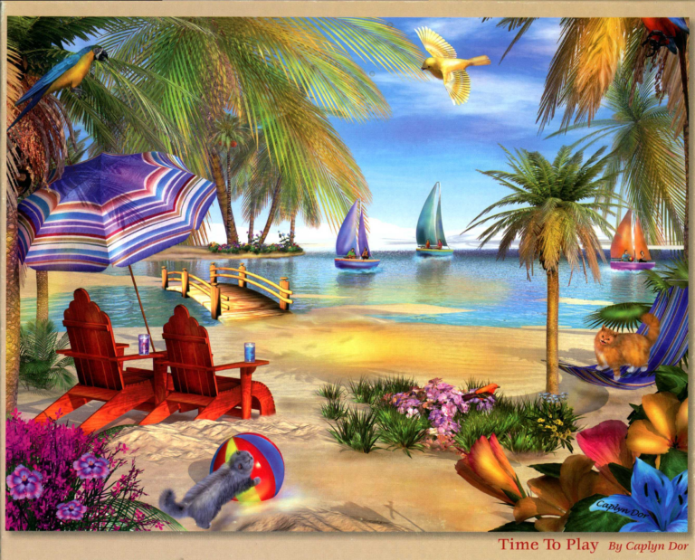 Beach scene with 2 red chairs under an umbrella, 2 sail boats and palm trees