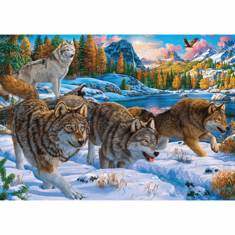 Wolves running together in snowy scenery