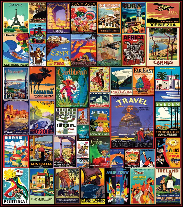 A collage of travel posters from all over the world