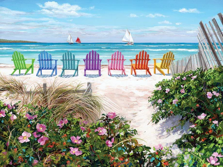 Beach with rainbow chairs.