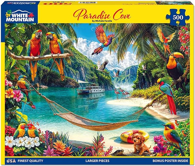 Beautiful island cove with colorful birds