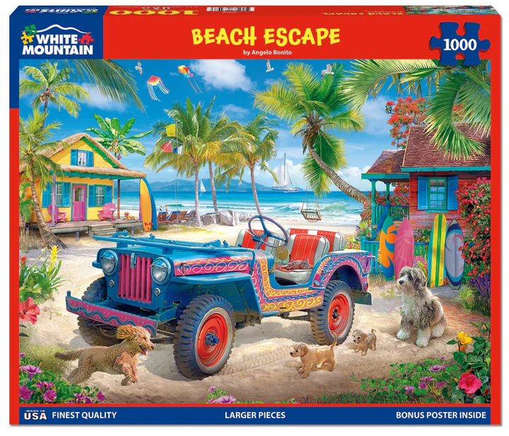 Jeep vehicle on the beach with animals and colorful house