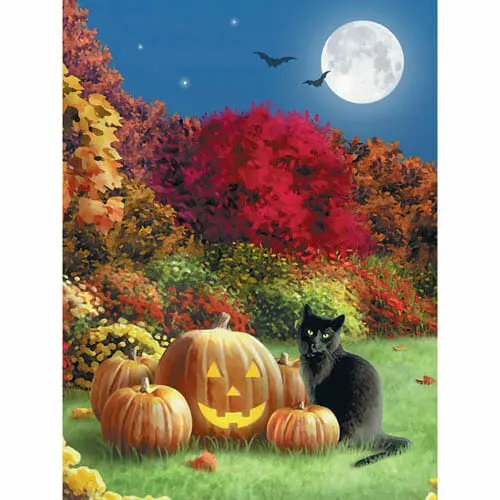 A Black cat next to a pumpkin and full moon