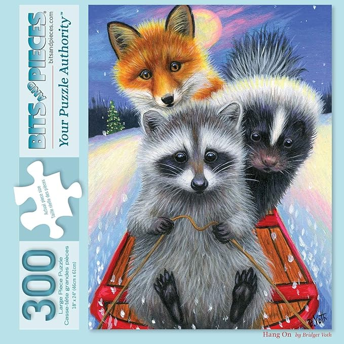 A raccoon, skunk, and fox on a sled.