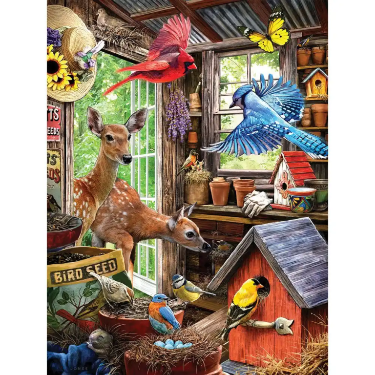 Animals in a shed birds, and a deer.