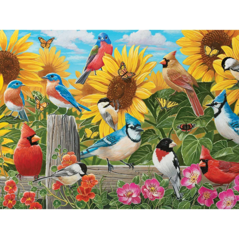 Birds in a sunflower field.