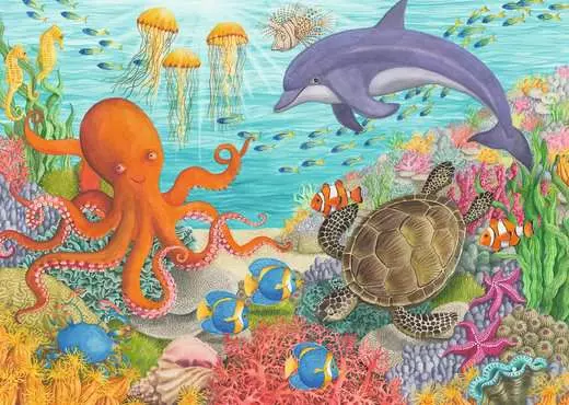 Ocean creatures like jellyfish, octopus, dolphin, turtles and fish.