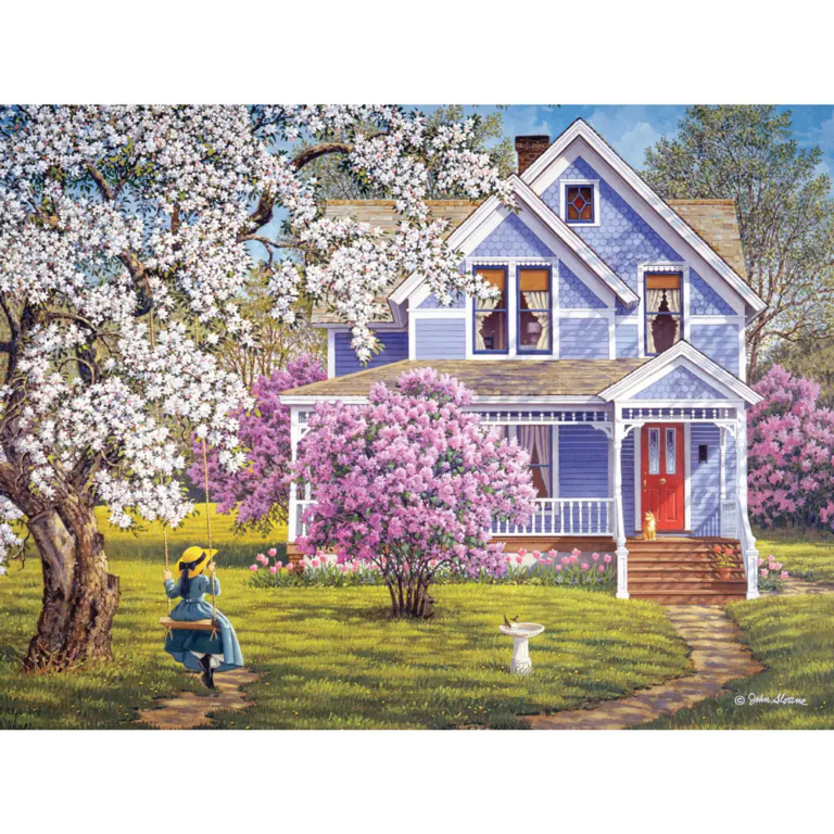 Cherry blossoms in front of a perrywinkle house and a girl playing out front