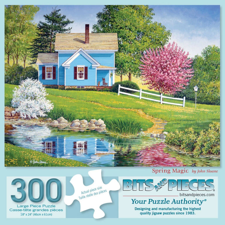 Blue house near a pond in spring time
